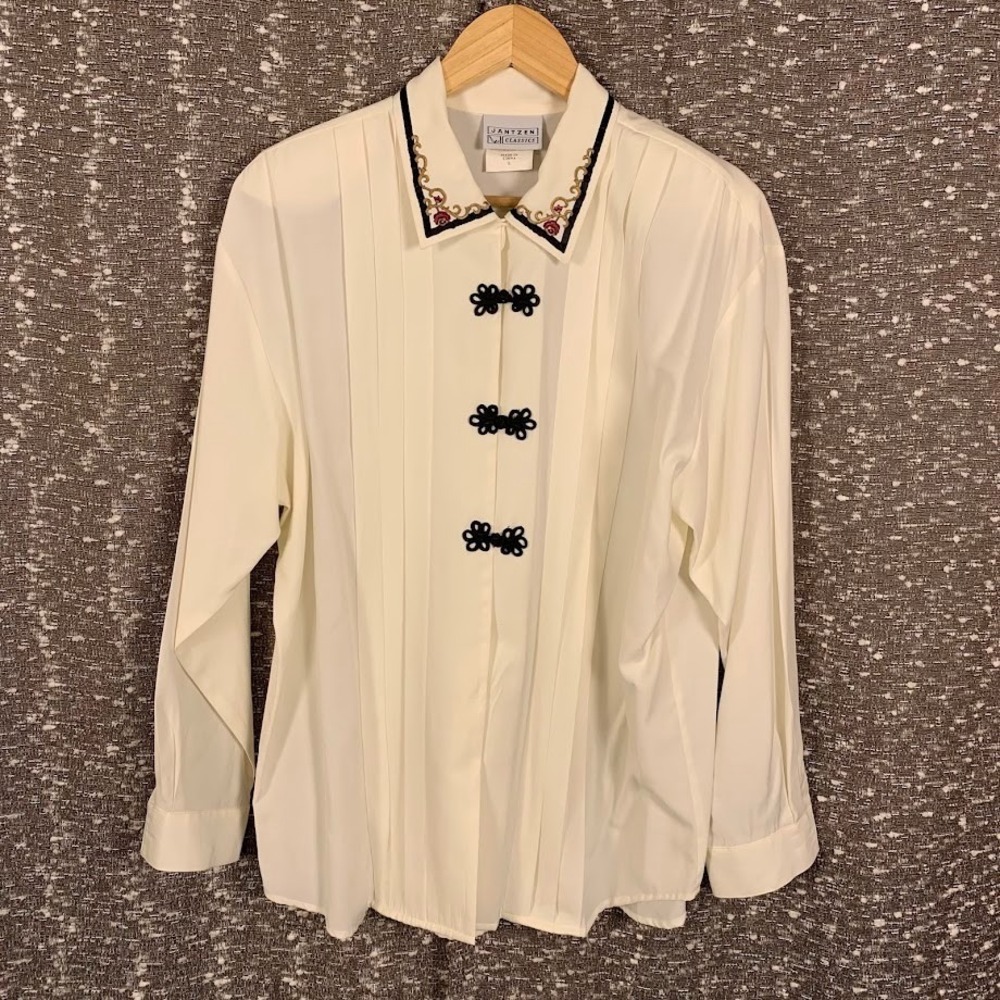 Vintage Jantzen Classics Pleated Blouse Embroidered Collar Women's Large